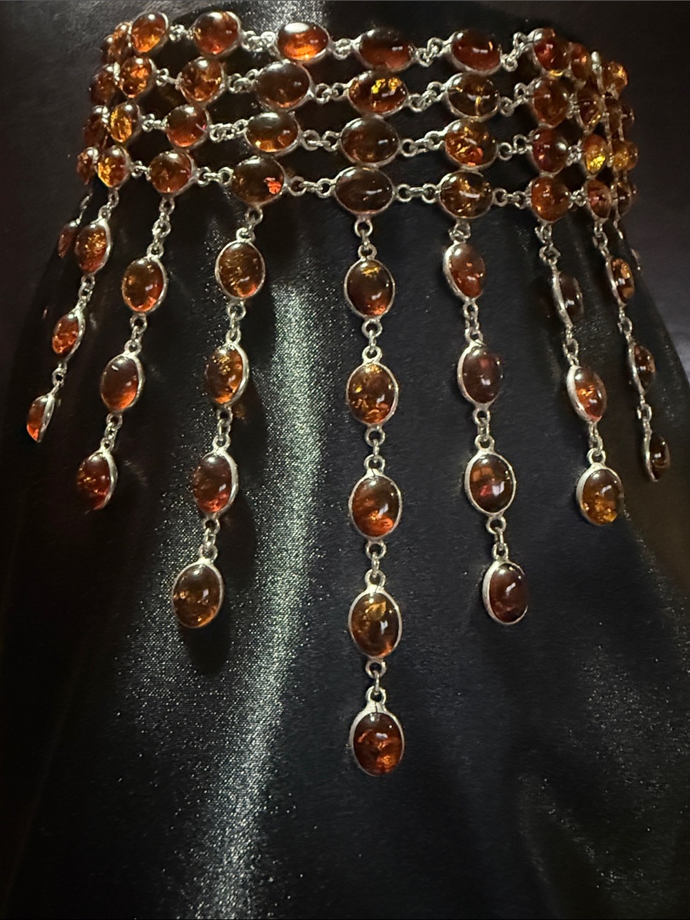 Vintage 925 Sterling Silver Baltic Amber Waterfall Fringe Necklace. - Picture 6 of 8